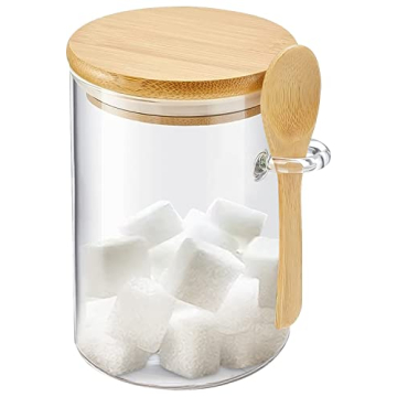 KOIKEY Sugar Jar Glass Salt Container,15 Ounces Clear Airtight Caning with Bamboo Lid and Spoon Scoo...