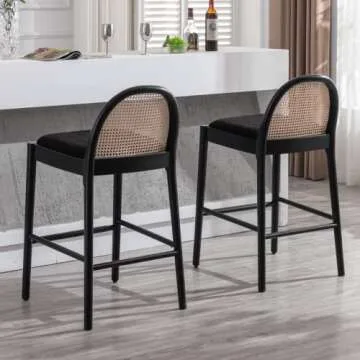 LukeAlon Modern Sherpa Bar Stools Set of 2, 29" Seat Height Tall Bar Chairs with Wooden Legs Natural Rattan Cane Back Bar Height Counter Stools with Footrest for Home Pub Kitchen, Black