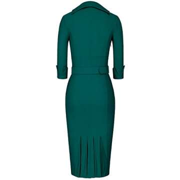 MUXXN Ladies Classic High Collar High Stretch Formal Office Work Dress with Belt (Dark Green M)