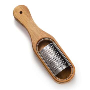 ZENFUN Cheese Grater, Stainless Steel Cheese Shredder with Wooden Handle, Acacia wood Container Cheese Grater, Handheld Kitchen Grater for Cheese, Lemon and Chocolate, Cheese Tool