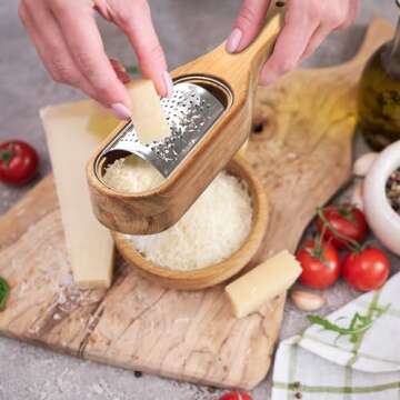 ZENFUN Cheese Grater, Stainless Steel Cheese Shredder with Wooden Handle, Acacia wood Container Cheese Grater, Handheld Kitchen Grater for Cheese, Lemon and Chocolate, Cheese Tool