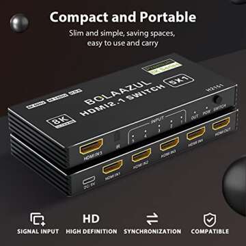 BolAAzuL 8K HDMI 2.1 Switch 120Hz 4K 5 in 1 Out, 8K@60Hz HDMI 2.1 Splitter Switcher Selector Box 5-Port with Remote 4K 120Hz 2K 144Hz, HDMI 5x1 HDR, 48Gbps, CEC, Dolby Vision, for Xbox Series X PS5