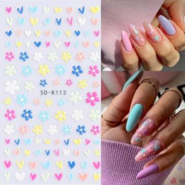 SpexArt Flower Nail Art Stickers - 5D Embossed Nail Decals, Spring Daisy Design, Self-Adhesive, White, Yellow, Colorful Flower Nail Stickers for Women's Nail Decoration