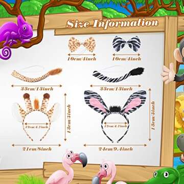 Cindeer 2 Sets Animal Costume Set Lion Tiger Zebra Giraffe Leopard Accessory Include Ears Headband Bow Tie Tail(Giraffe and Zebra Style)