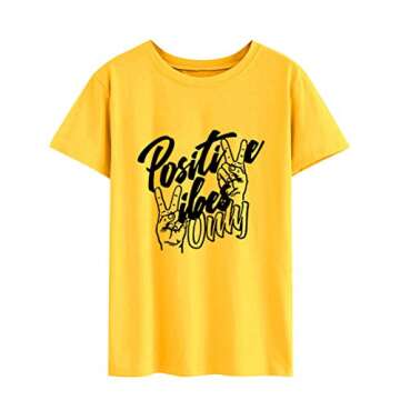 Nlife Women Positive Vibes Letter Victory Sign Short Sleeve Casual Tee Shirts A-Yellow