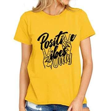 Nlife Women Positive Vibes Letter Victory Sign Short Sleeve Casual Tee Shirts A-Yellow