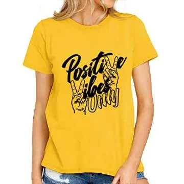 Nlife Women Positive Vibes Letter Victory Sign Short Sleeve Casual Tee Shirts A-Yellow