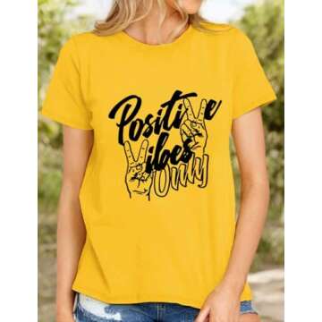 Nlife Women Positive Vibes Letter Victory Sign Short Sleeve Casual Tee Shirts A-Yellow