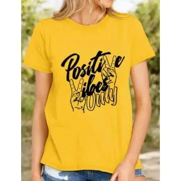 Nlife Women Positive Vibes Letter Victory Sign Short Sleeve Casual Tee Shirts A-Yellow