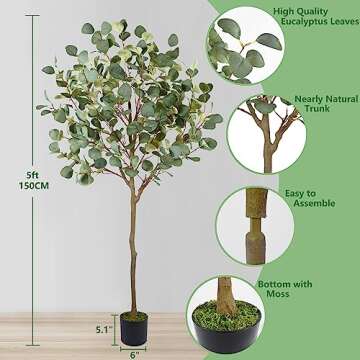 Warmplants Artificial Eucalyptus Tree, 5ft Tall Fake Eucalyptus Plant with Basket, Green Silver Dollars Silk Leaves Faux Tree for Home Office Livingroom Floor Decor Indoor