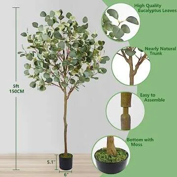 Warmplants Artificial Eucalyptus Tree, 5ft Tall Fake Eucalyptus Plant with Basket, Green Silver Dollars Silk Leaves Faux Tree for Home Office Livingroom Floor Decor Indoor
