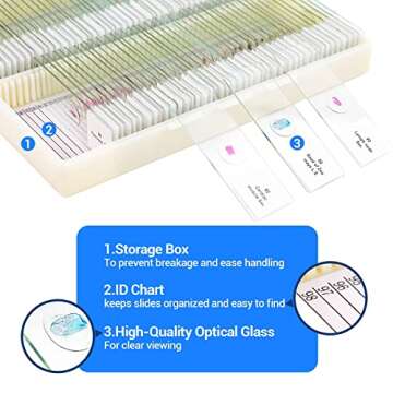 100 Prepared Microscope Slides with Specimens for Kids Adults - Bacterium, Fungus, Human Tissues, Mitosis, Plants, Insects, Animals Cells Samples for Biological Science Lab, School Students