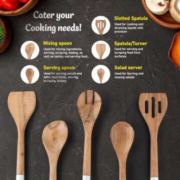 INTAJ Premium Teak Wooden Spoons for Cooking – 5-Piece Kitchen Utensils Set, Durable & Nonstick Sa...