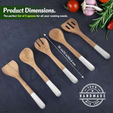 INTAJ Premium Teak Wooden Spoons for Cooking – 5-Piece Kitchen Utensils Set, Durable & Nonstick Safe, Eco-Friendly,Ergonomic Stir, Mix, Scrape & Serve – Ideal for Nonstick,Cast Iron & Ceramic Cookware