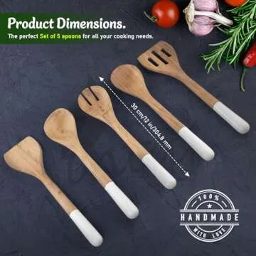 INTAJ Premium Teak Wooden Spoons for Cooking – 5-Piece Kitchen Utensils Set, Durable & Nonstick Safe, Eco-Friendly,Ergonomic Stir, Mix, Scrape & Serve – Ideal for Nonstick,Cast Iron & Ceramic Cookware