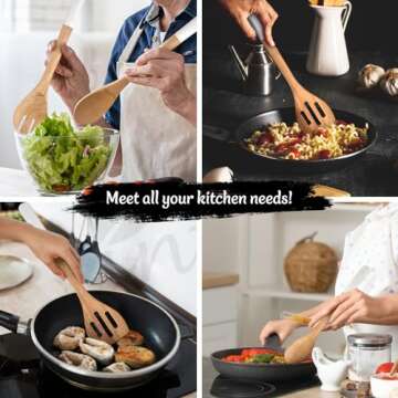 INTAJ Premium Teak Wooden Spoons for Cooking – 5-Piece Kitchen Utensils Set, Durable & Nonstick Safe, Eco-Friendly,Ergonomic Stir, Mix, Scrape & Serve – Ideal for Nonstick,Cast Iron & Ceramic Cookware