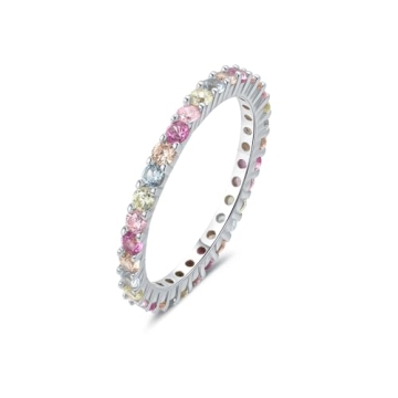 ARTLOVER Size 5 Multi-Color High-Carbon Diamond Eternity Ring | S925 Sterling Silver 14K White Gold-...