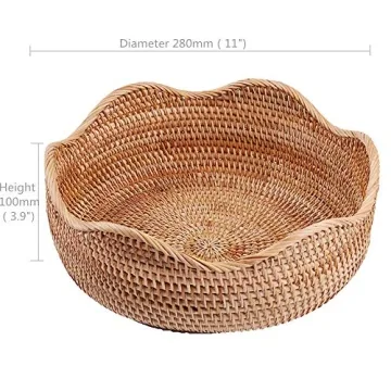AMOLOLO Handmade Rattan Round Fruit Basket Food Storage Bowls Kitchen Organizer Snack Serving Bowl, 11 Inch Boho Wicker Bread Bowl Woven Basket Décor for Nuts with 3”Side and Wavy Edge (Large 11")