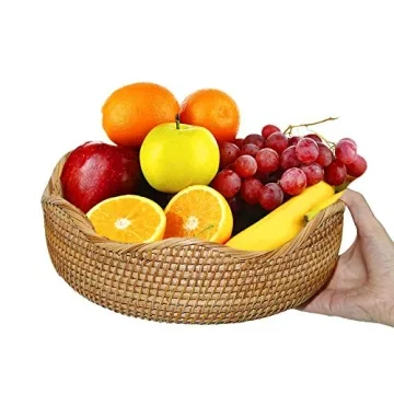 AMOLOLO Handmade Rattan Round Fruit Basket Food Storage Bowls Kitchen Organizer Snack Serving Bowl, 11 Inch Boho Wicker Bread Bowl Woven Basket Décor for Nuts with 3”Side and Wavy Edge (Large 11")
