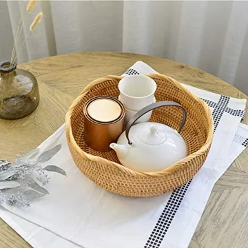 AMOLOLO Handmade Rattan Round Fruit Basket Food Storage Bowls Kitchen Organizer Snack Serving Bowl, 11 Inch Boho Wicker Bread Bowl Woven Basket Décor for Nuts with 3”Side and Wavy Edge (Large 11")