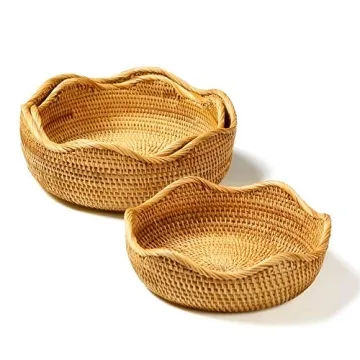 AMOLOLO Handmade Rattan Round Fruit Basket Food Storage Bowls Kitchen Organizer Snack Serving Bowl, 11 Inch Boho Wicker Bread Bowl Woven Basket Décor for Nuts with 3”Side and Wavy Edge (Large 11")