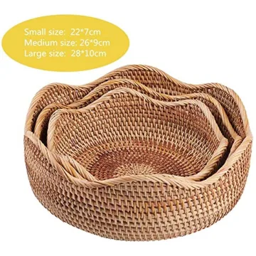 AMOLOLO Handmade Rattan Round Fruit Basket Food Storage Bowls Kitchen Organizer Snack Serving Bowl, 11 Inch Boho Wicker Bread Bowl Woven Basket Décor for Nuts with 3”Side and Wavy Edge (Large 11")