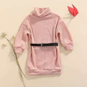 GOOCHEER Little Toddler Baby Girl Outfits Turtleneck Knit Sweater Dress Kids Solid Ribbed Long Sleeve Dresses +Belt Fall Clothes (A-Pink, 3-4T)