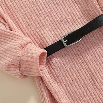 GOOCHEER Little Toddler Baby Girl Outfits Turtleneck Knit Sweater Dress Kids Solid Ribbed Long Sleeve Dresses +Belt Fall Clothes (A-Pink, 3-4T)