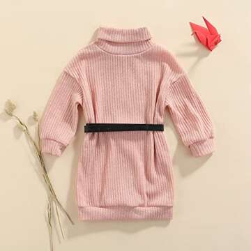 GOOCHEER Little Toddler Baby Girl Outfits Turtleneck Knit Sweater Dress Kids Solid Ribbed Long Sleeve Dresses +Belt Fall Clothes (A-Pink, 3-4T)