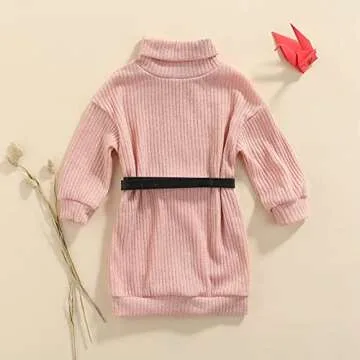 GOOCHEER Little Toddler Baby Girl Outfits Turtleneck Knit Sweater Dress Kids Solid Ribbed Long Sleeve Dresses +Belt Fall Clothes (A-Pink, 3-4T)