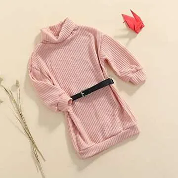 GOOCHEER Little Toddler Baby Girl Outfits Turtleneck Knit Sweater Dress Kids Solid Ribbed Long Sleeve Dresses +Belt Fall Clothes (A-Pink, 3-4T)