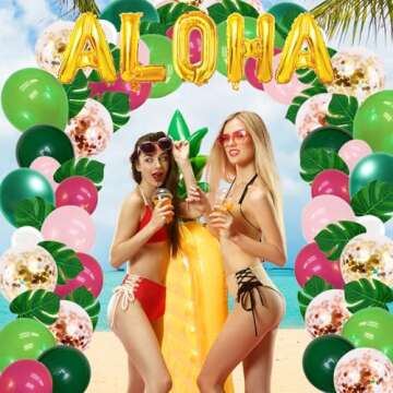 UJOYANT 323 Mega Luau Party Decorations, Hawaiian Party Decorations Kit For Adults - "ALOHA"&"HAPPY BIRTHDAY" Banner, Balloons, Cake Topper, Straws, Table Skirt, Dinnerware Set For 25 Guests