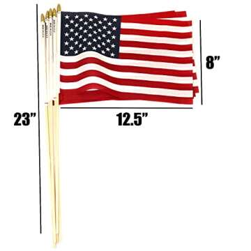 GiftExpress 12-Pack 8x12 Inch American Flag Proudly Made in U.S.A. Handheld US Stick Flags with Spear Gold Tip, Pole Hem Stitched Made in U.S.A American Stick Flags