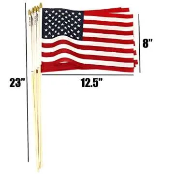 GiftExpress 12-Pack 8x12 Inch American Flag Proudly Made in U.S.A. Handheld US Stick Flags with Spear Gold Tip, Pole Hem Stitched Made in U.S.A American Stick Flags