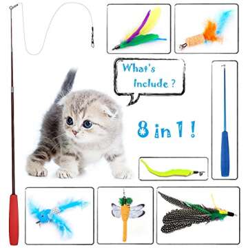 8 Pcs Cat Feather Toy, Cat Toy Wand, Teaser Wand Toy Set, Wineecy Cat Toys Interactive Retractable Wand Rod with Assorted Feather Toy for Exercising Kitten or Cat