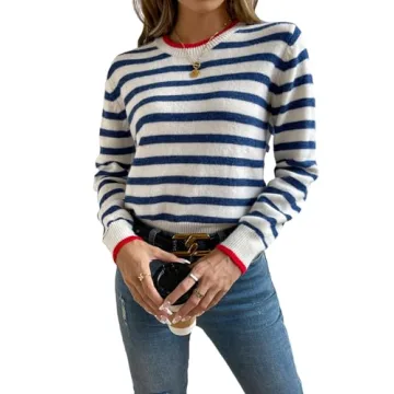 Floerns Women's Striped Print Long Sleeve Casual Sweater Top - Blue & White