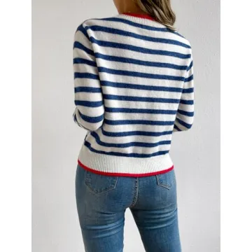 Floerns Women's Striped Long Sleeve Casual Sweater Top Blue White