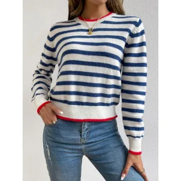Floerns Women's Striped Long Sleeve Casual Sweater Top Blue White