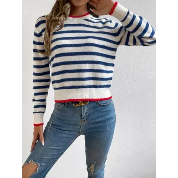 Floerns Women's Striped Long Sleeve Casual Sweater Top Blue White