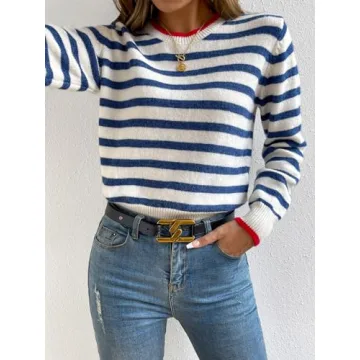 Floerns Women's Striped Long Sleeve Casual Sweater Top Blue White
