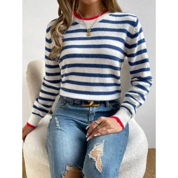 Floerns Women's Striped Long Sleeve Casual Sweater Top Blue White