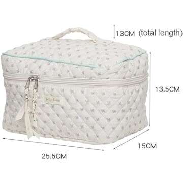 Ormein Floral Cotton Makeup Bag Large Travel Cosmetic Quilted Pouch Coquette Aesthetic Toiletry for Ladies Girl Multifunction Storage (Beige)