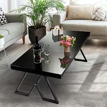 Jerry & Maggie Tempered Glass Tea Table Coffee Table Cocktail Desk Table - Modern Steel Triangular Legs Living Room Desk Decor - Anti Scratch Polished Surface Family Size Dinning Table, Black