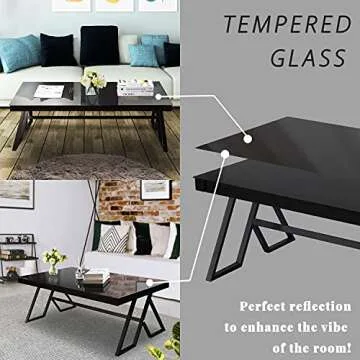Jerry & Maggie Tempered Glass Tea Table Coffee Table Cocktail Desk Table - Modern Steel Triangular Legs Living Room Desk Decor - Anti Scratch Polished Surface Family Size Dinning Table, Black