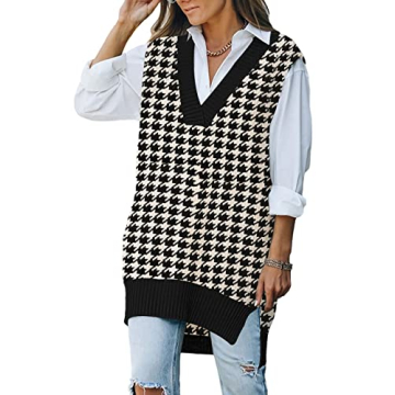 Viottiset Women's Oversized Houndstooth Tunic Sweater Vest V Neck Sleeveless Knit Top Beige Small