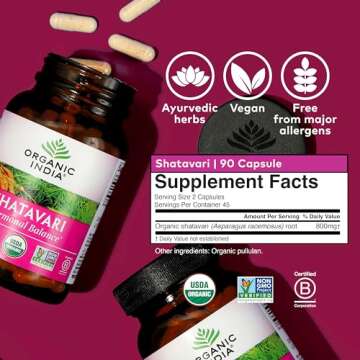 ORGANIC INDIA Shatavari Capsules - Herbal Supplement, Supports Hormonal Balance, Immune System Support, Vegan, Gluten-Free, USDA Organic, Supports Reproductive Health - 90 Capsules