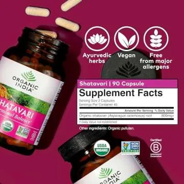 ORGANIC INDIA Shatavari Capsules - Herbal Supplement, Supports Hormonal Balance, Immune System Support, Vegan, Gluten-Free, USDA Organic, Supports Reproductive Health - 90 Capsules
