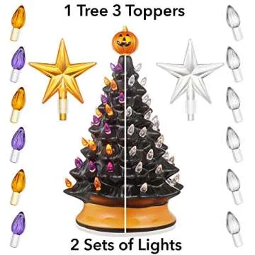 Casafield Hand-Painted Ceramic Halloween Tree, 15-Inch Pre-Lit Decoration with 128 Multi-Color Light...