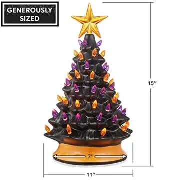 Casafield Hand-Painted Ceramic Halloween Tree, 15-Inch Pre-Lit Decoration with 128 Multi-Color Lights, Jack-O-Lantern and Star Toppers