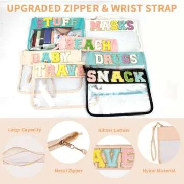 Iqimott Monogram Letter Clear Bag Purse, Chenille Glitter Letter Makeup Cosmetic Bag Patch Zipper Toiletry Pouch, Portable Travel Beach Snack Wristlet Bag for Women Girls(Travel, Pink)